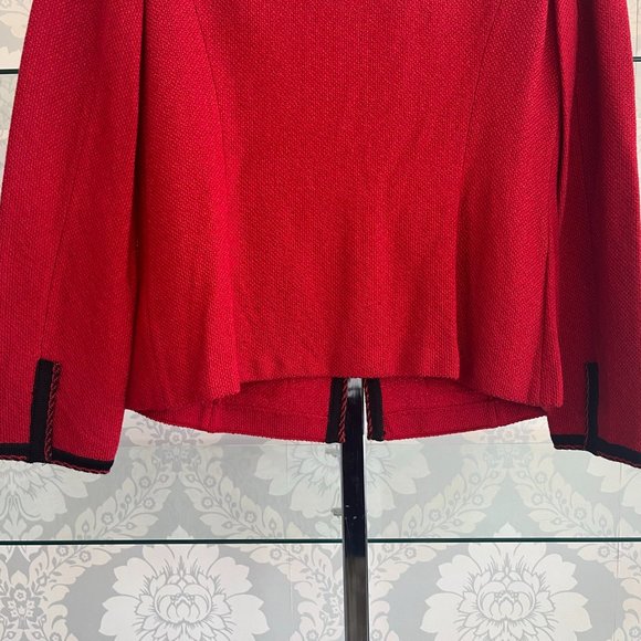 ST. JOHN Black Label Red & Black Knit Hook Front Long Sleeve Jacket - Picture 6 of 9